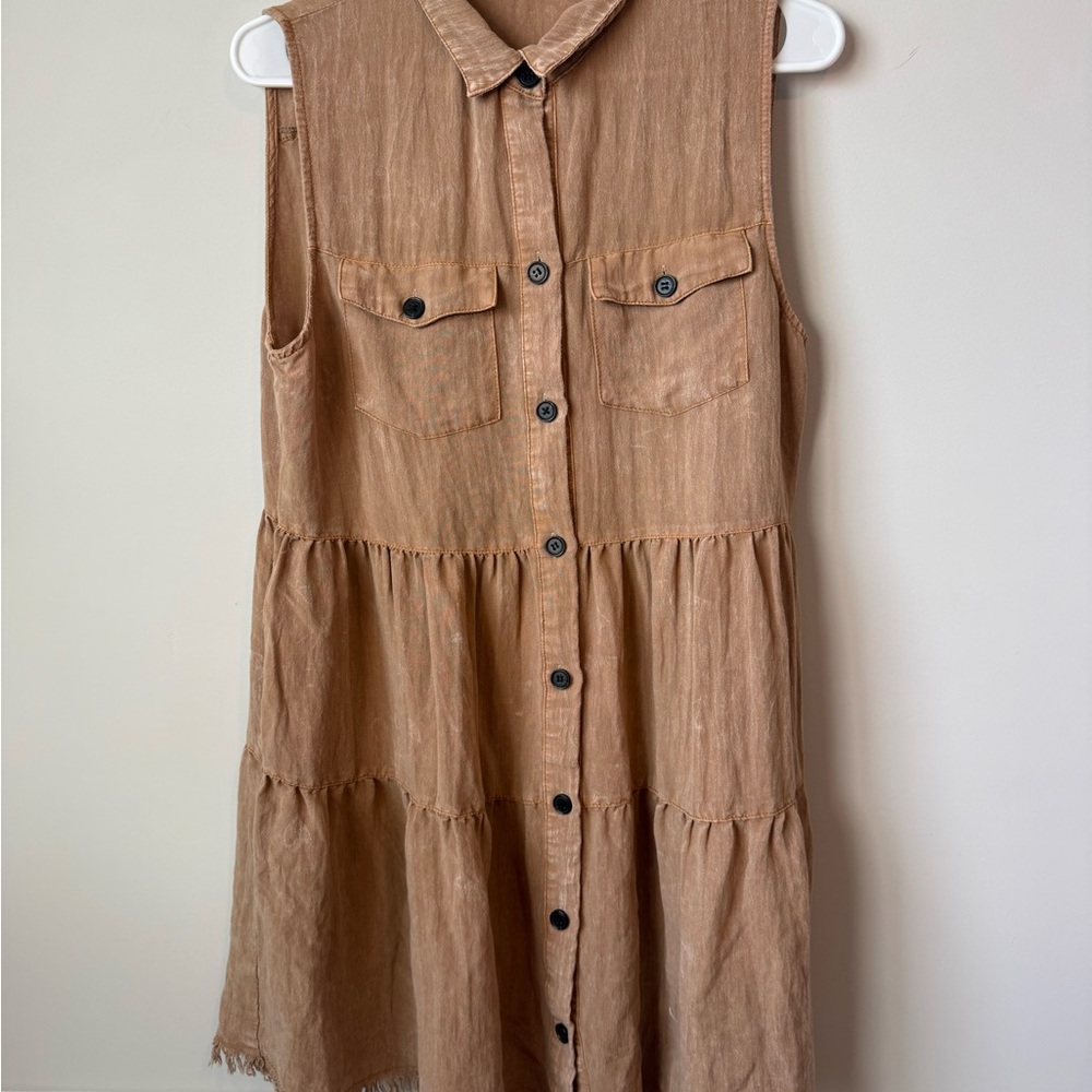 Umgee Brown Sleeveless button down  Tiered Mini Dress size small